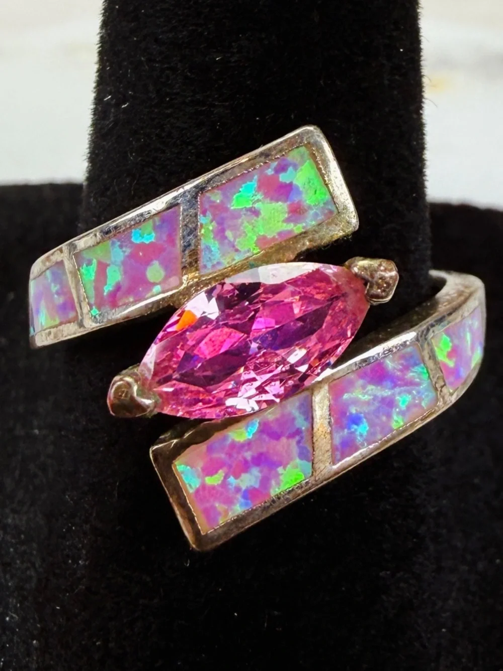 Vintage Pink Topaz Pink Fire Opal Inlay Statement Ring Size 7 3/4
